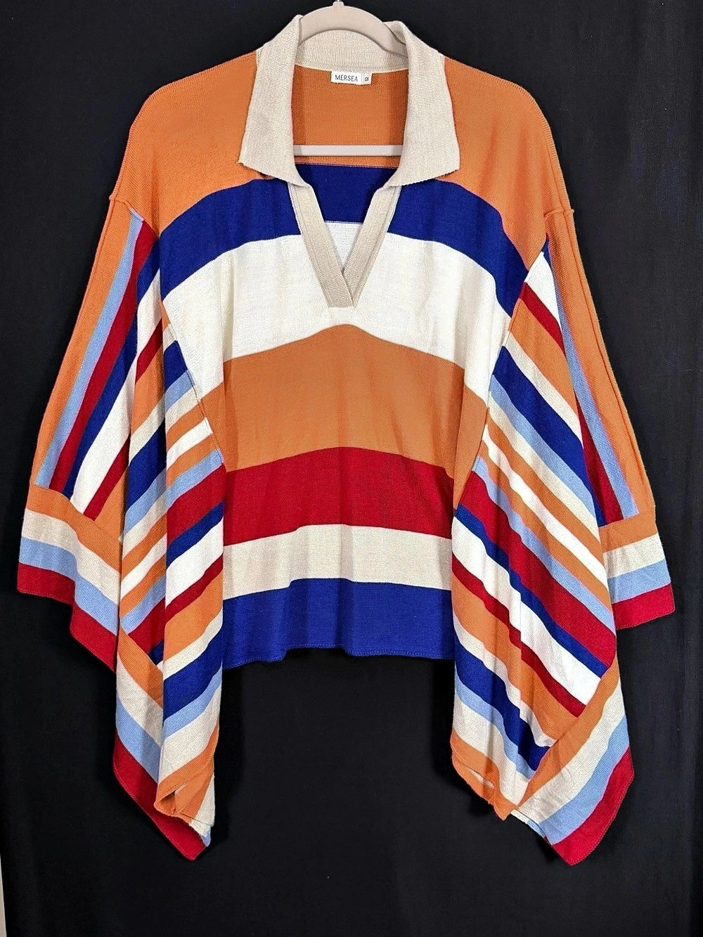Mersea Chak Chel Polo Poncho Striped V-Neck Sweater Orange & Blue OS